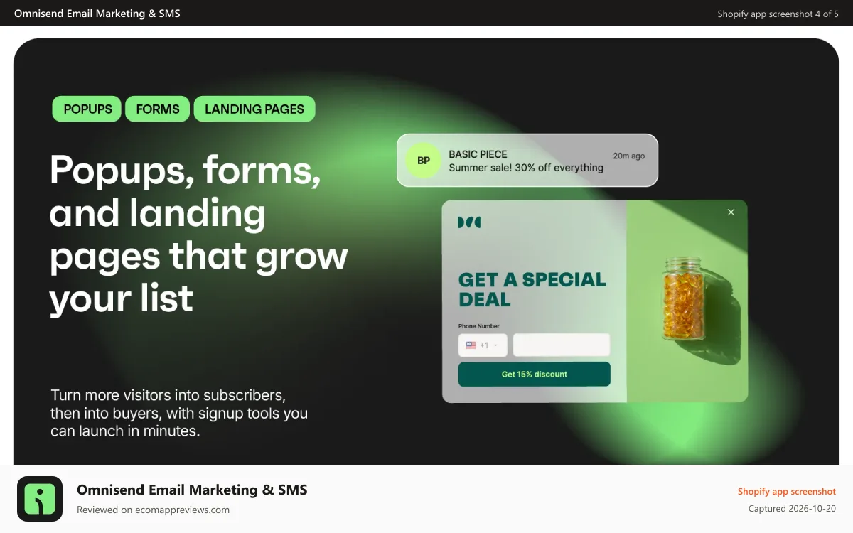 Omnisend Email Marketing & SMS Shopify app screenshot: Email Marketing popups, signup forms & landing pages for lists