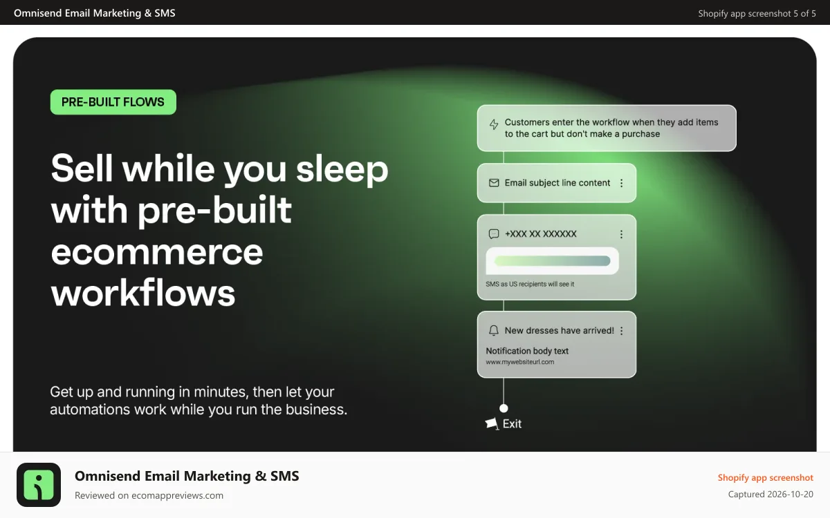 Omnisend Email Marketing & SMS Shopify app screenshot: Email Marketing automation flows: email, SMS & push alerts