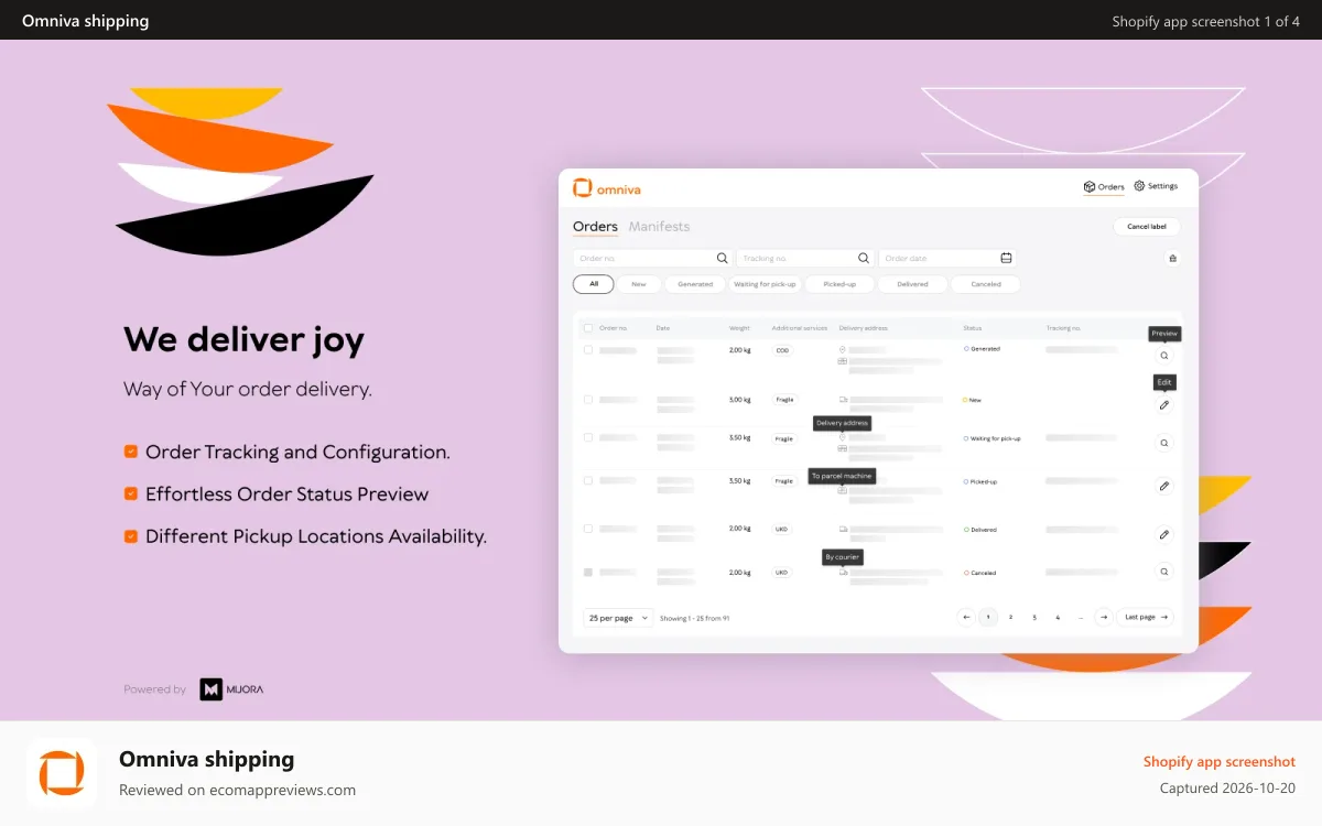 Omniva shipping Shopify app screenshot: We deliver joy