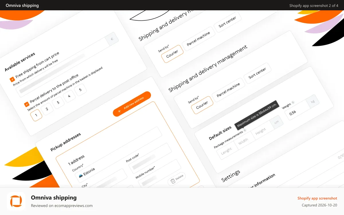 Omniva shipping Shopify app screenshot: Configure sender, services, shipping: Edit with ease.