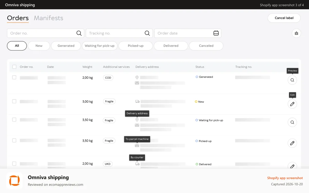 Omniva shipping Shopify app screenshot: Centralize order management, perform bulk operations with ease.
