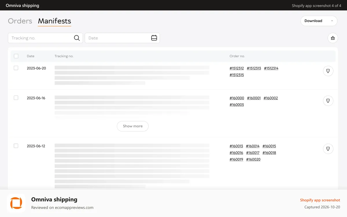 Omniva shipping Shopify app screenshot: Instantly preview labels and manifests for complete orders.