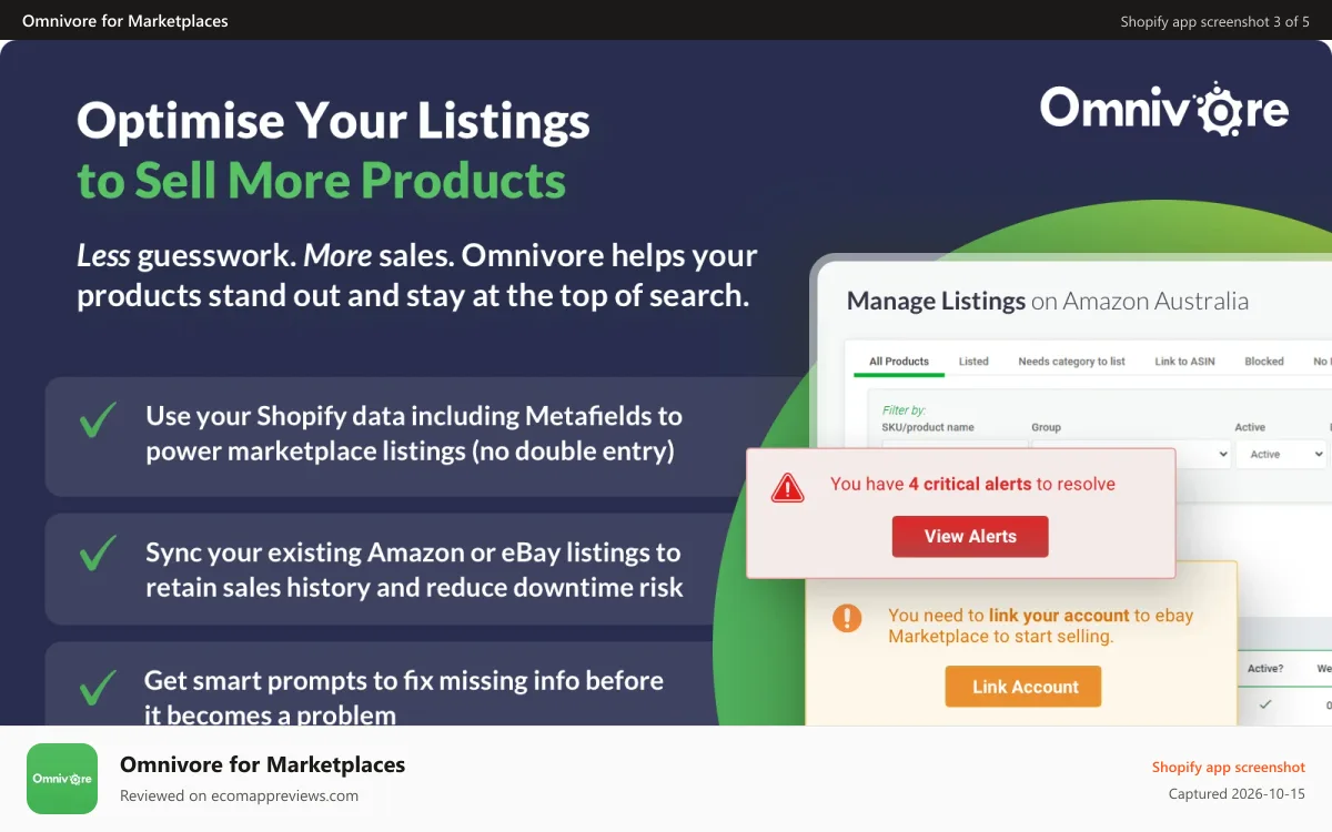 Omnivore for Marketplaces Shopify app screenshot: Optimise Listings