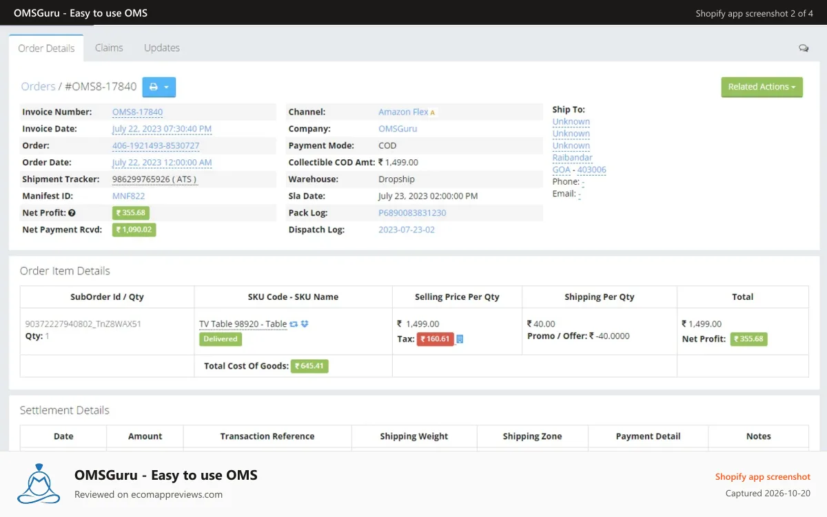 OMSGuru ‑ Easy to use OMS Shopify app screenshot: Order View Page Full Details