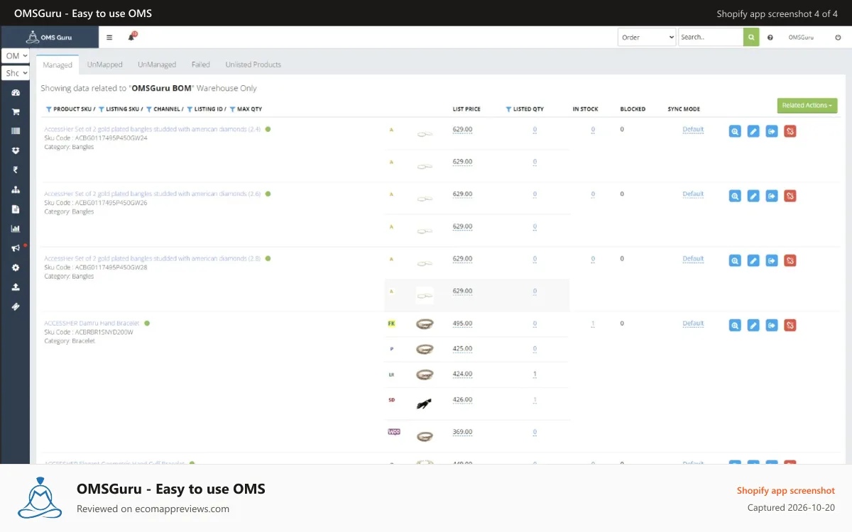 OMSGuru ‑ Easy to use OMS Shopify app screenshot: Single Product mapped to different channel listings