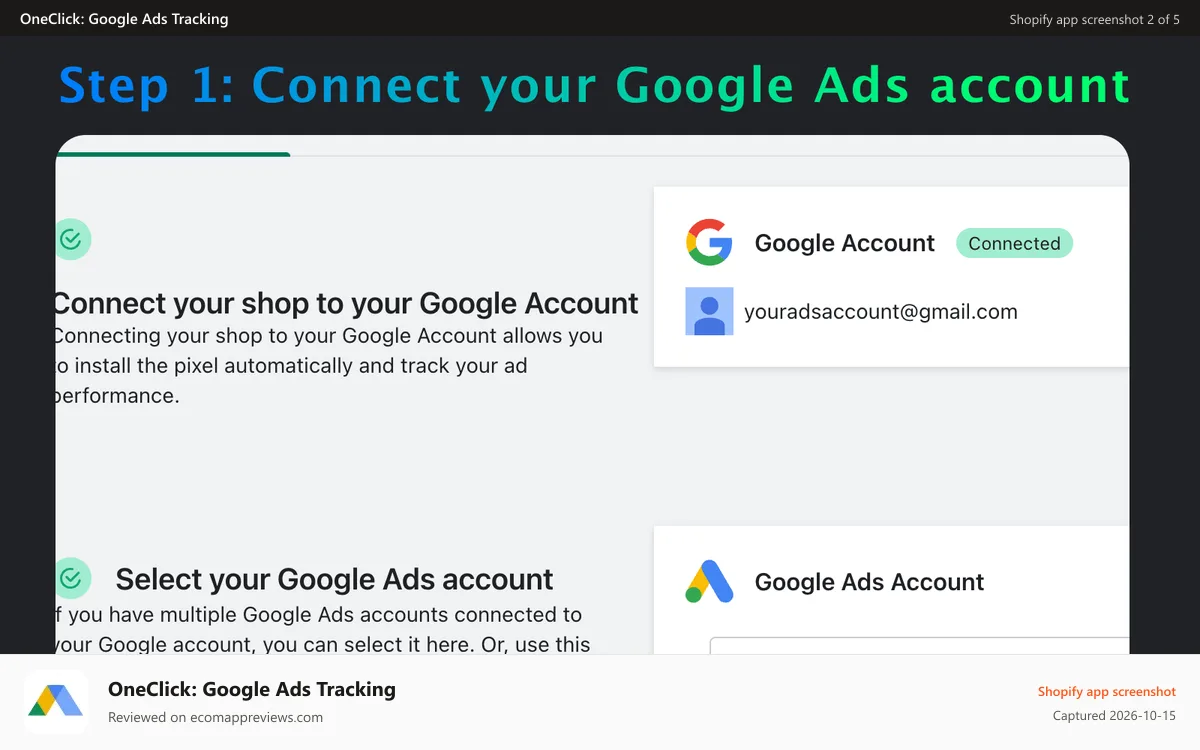 OneClick: Google Ads Tracking Shopify app screenshot: Step 1: Connect your Google Ads Account