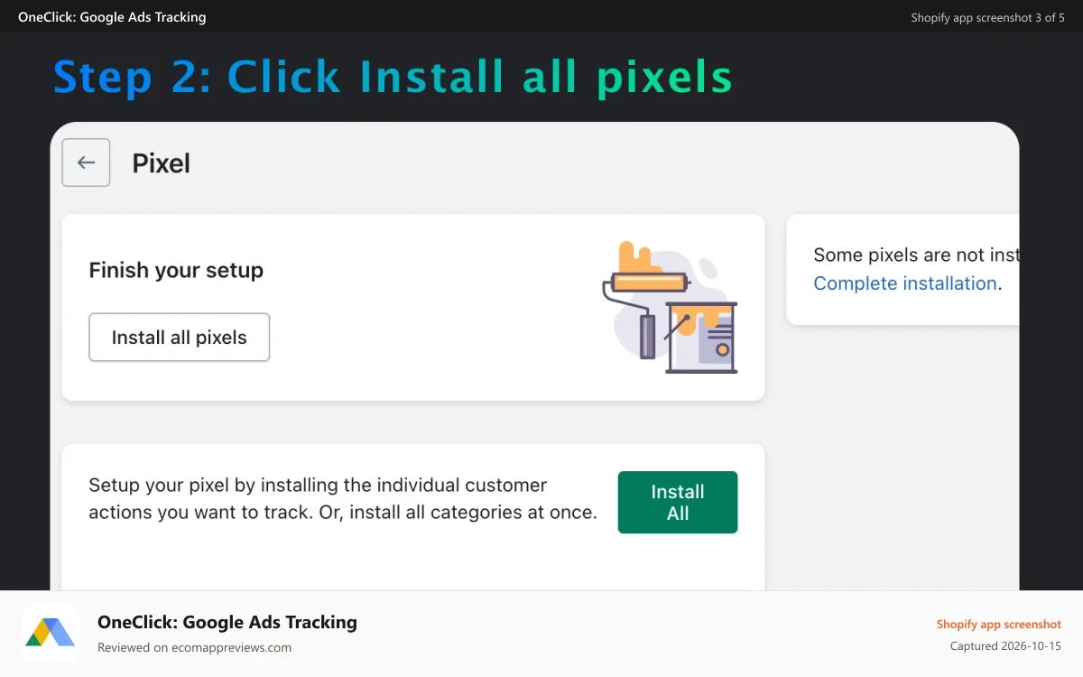 OneClick: Google Ads Tracking Shopify app screenshot: Step 2: Click install all pixels