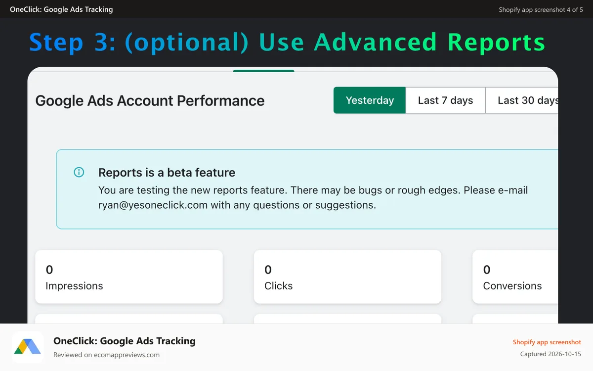 OneClick: Google Ads Tracking Shopify app screenshot: Step 3: (optional) Use Advanced Reports