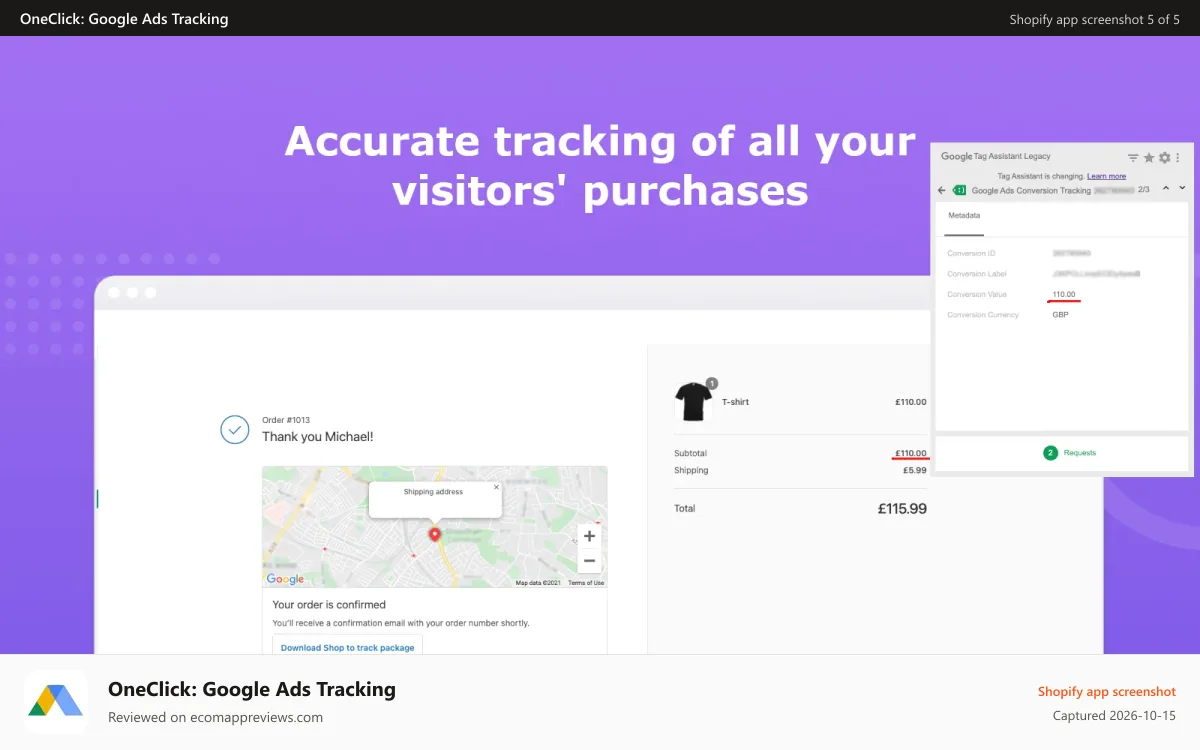 OneClick: Google Ads Tracking Shopify app screenshot: Accurate tracking of your visitors' purchases