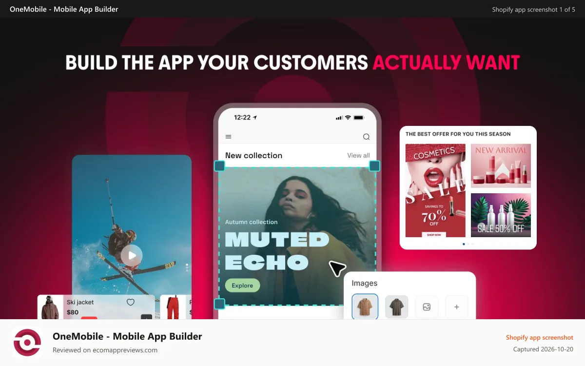 OneMobile ‑ Mobile App Builder Shopify app screenshot: A mobile app builder that helps you build ios android mobile app