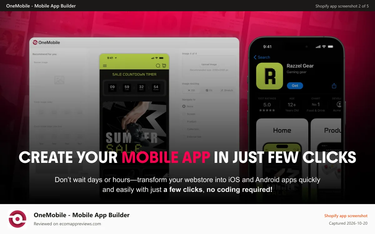 OneMobile ‑ Mobile App Builder Shopify app screenshot: turn your store into a mobile app with zero coding in few clicks