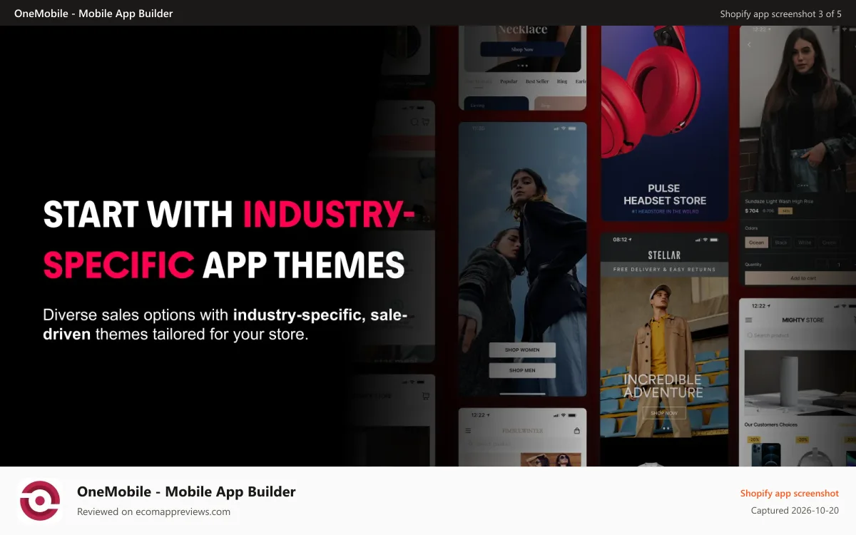 OneMobile ‑ Mobile App Builder Shopify app screenshot: start easily with industry-tailored themes