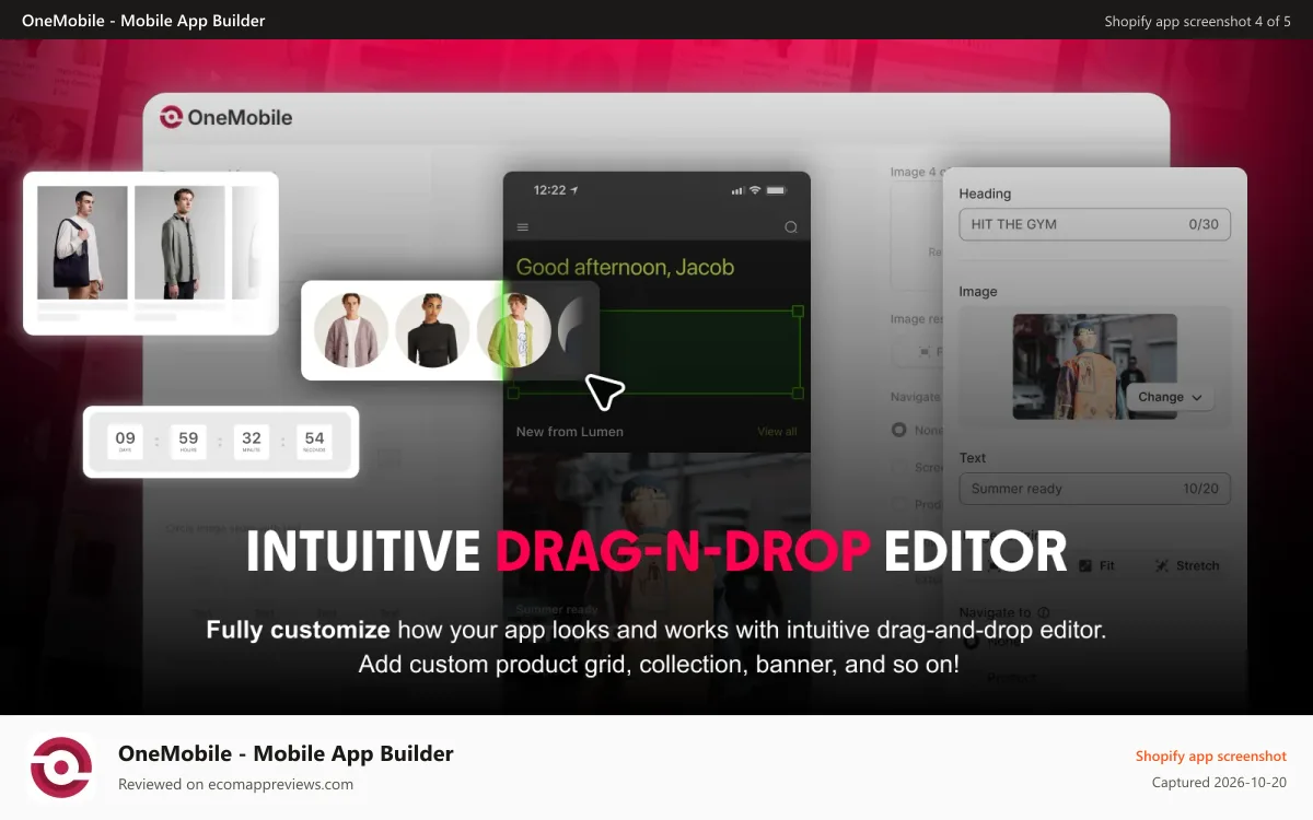 OneMobile ‑ Mobile App Builder Shopify app screenshot: easily build and customize mobile app with drag-and-drop editor