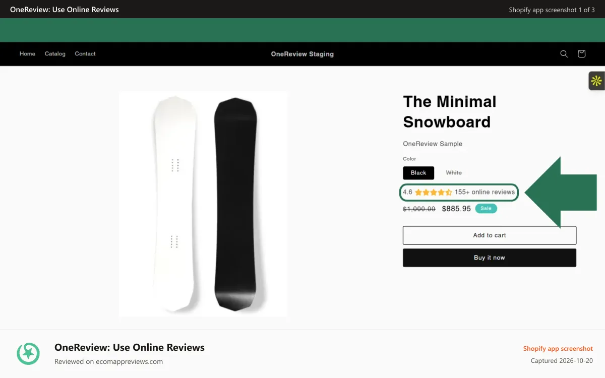 OneReview: Use Online Reviews Shopify app screenshot: Sample Product Page Before & After Using OneReview