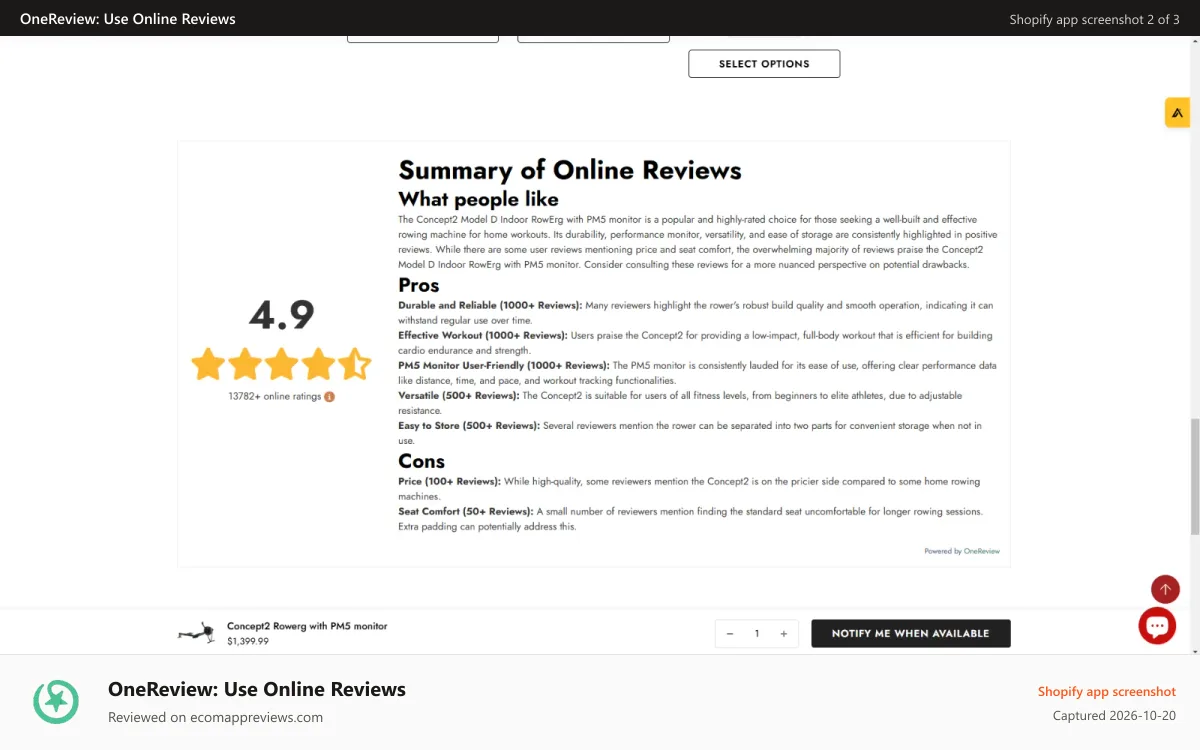 OneReview: Use Online Reviews Shopify app screenshot: Sample Review Summary