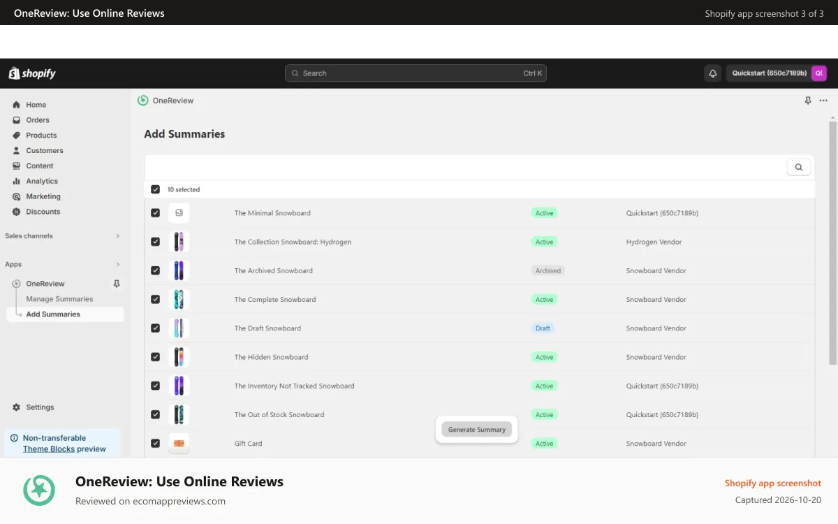 OneReview: Use Online Reviews Shopify app screenshot: Selecting Products to Generate Review Summaries