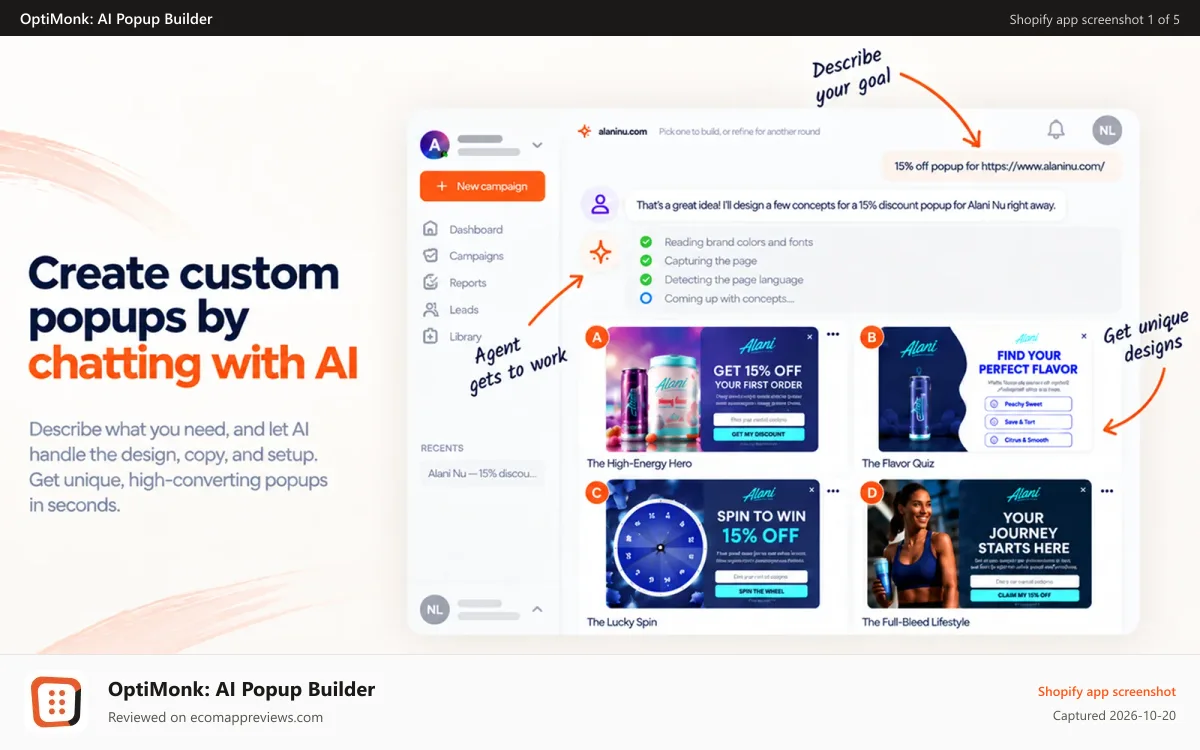 OptiMonk: AI Popup Builder Shopify app screenshot: Create custom email popups & welcome pop ups by chatting with AI