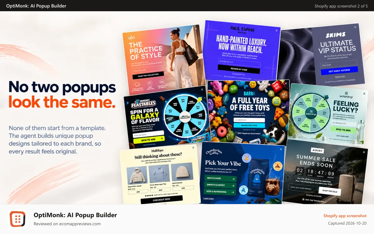 OptiMonk: AI Popup Builder Shopify app screenshot: Unique AI popup design, beautiful email pop ups & lucky wheels