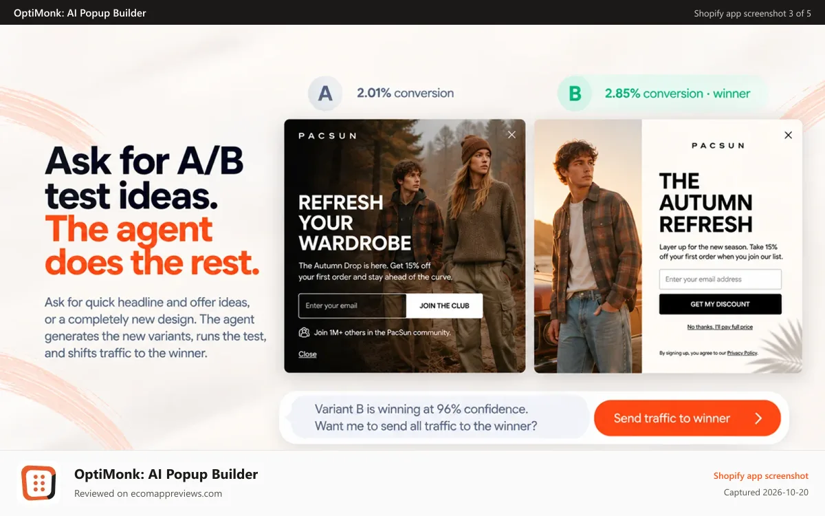OptiMonk: AI Popup Builder Shopify app screenshot: Ask for popup A/B test ideas, popup design A/B test, and more