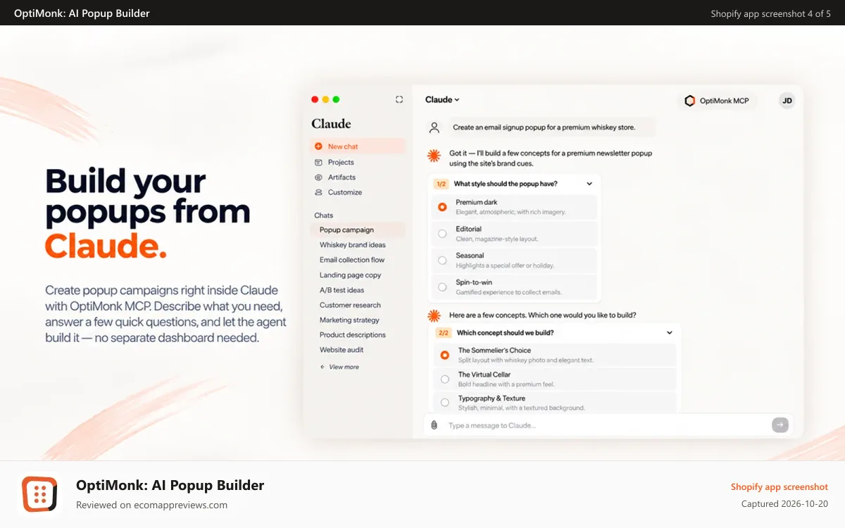 OptiMonk: AI Popup Builder Shopify app screenshot: Build new email and welcome popups right inside Claude via MCP