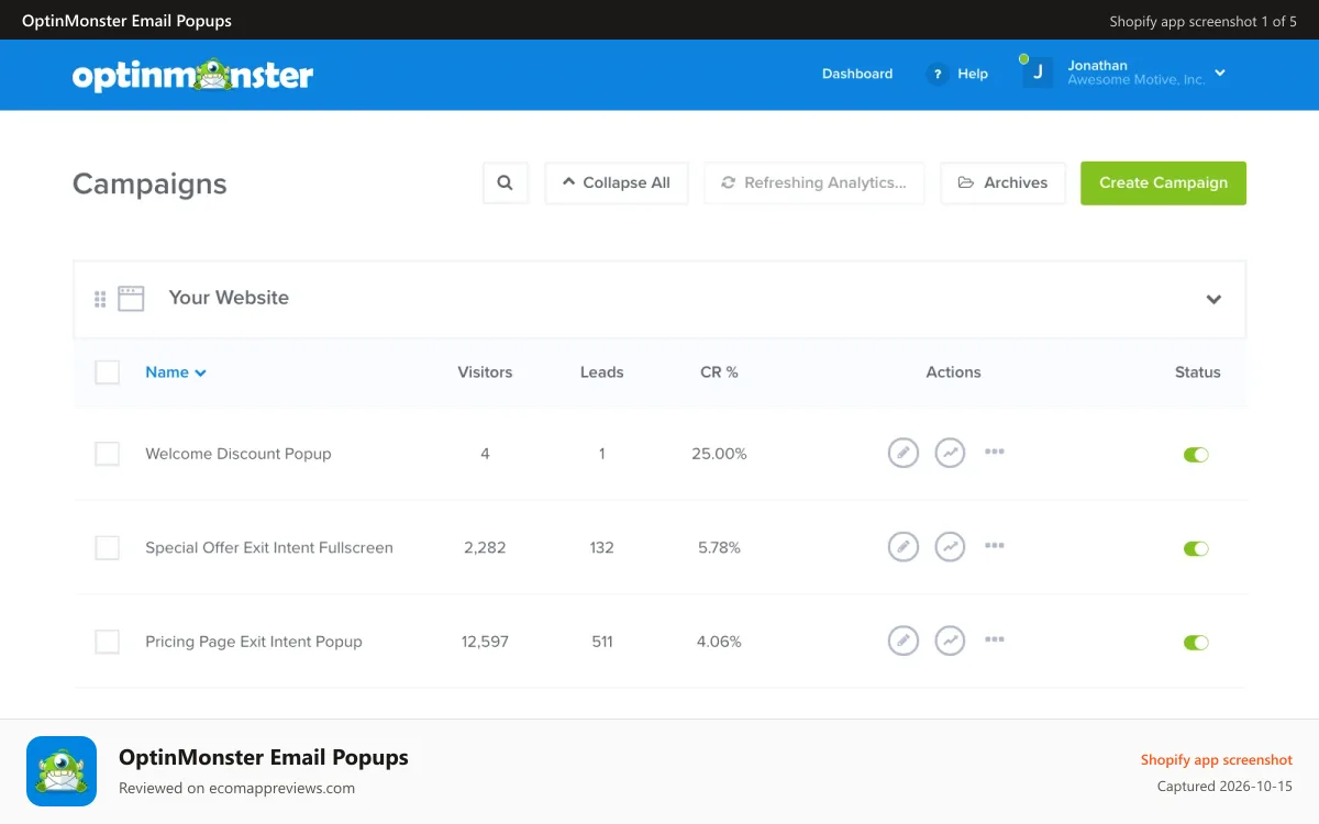 OptinMonster Email Popups Shopify app screenshot: Exit Popup & Email Popup Dashboard