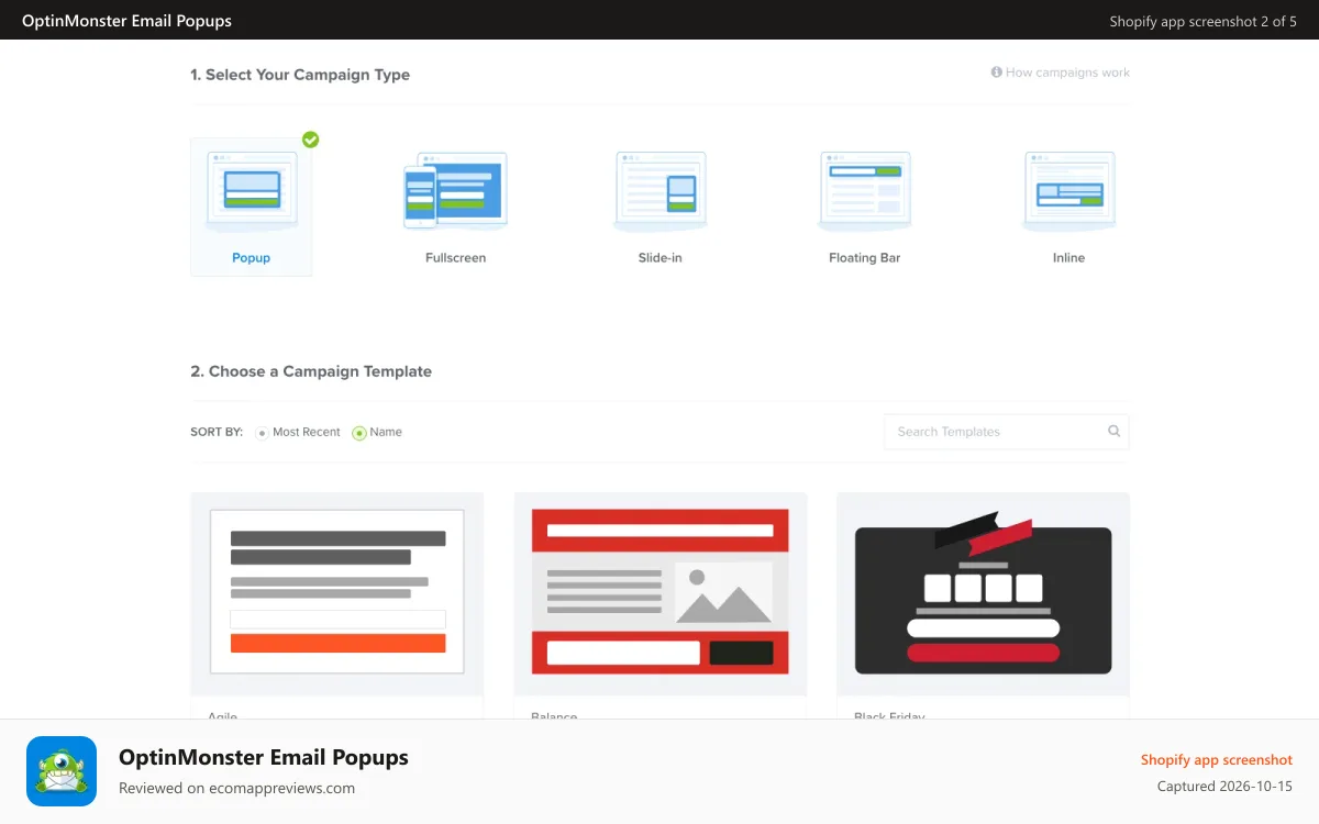 OptinMonster Email Popups Shopify app screenshot: Quickly Create Your Beautiful Exit Popup and Email Popup