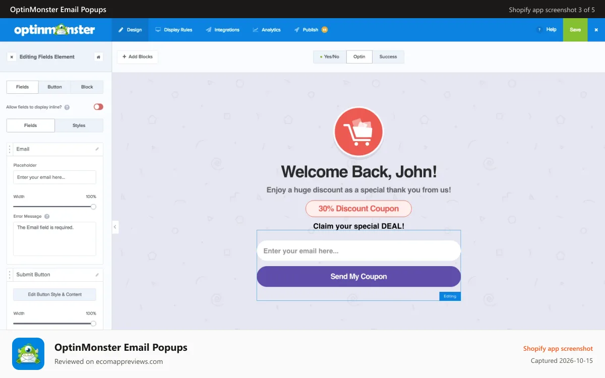 OptinMonster Email Popups Shopify app screenshot: Customize Your Exit Popup & Coupon Popup in our Builder!