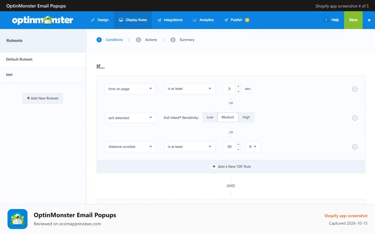 OptinMonster Email Popups Shopify app screenshot: Powerful Display Rules for all of your popups!