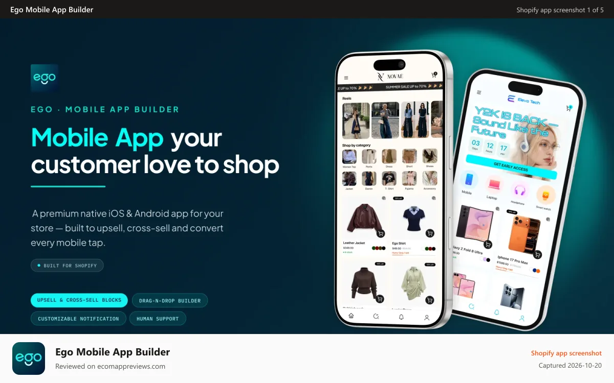 Ego Mobile App Builder Shopify app screenshot: Native Shopping App