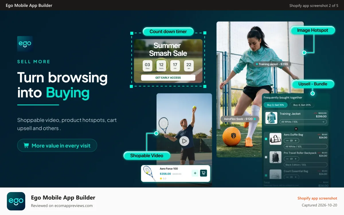 Ego Mobile App Builder Shopify app screenshot: Built-in Conversion Components