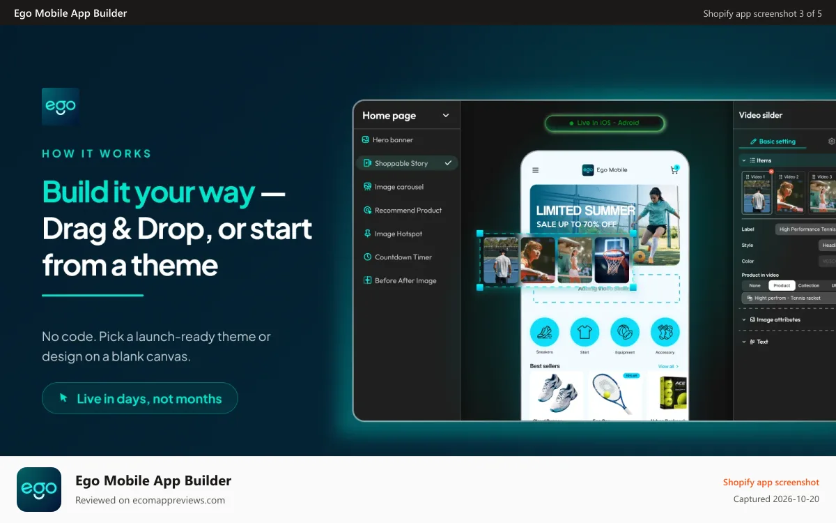 Ego Mobile App Builder Shopify app screenshot: Launch app in days, not months
