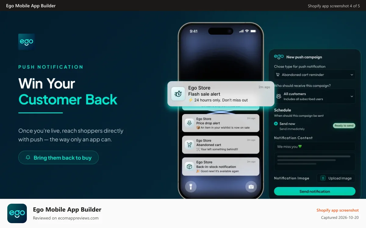 Ego Mobile App Builder Shopify app screenshot: Recover Lost Revenue