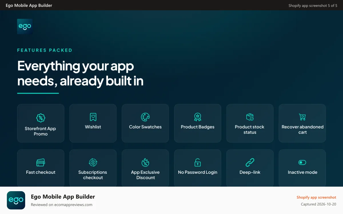Ego Mobile App Builder Shopify app screenshot: Extented Features