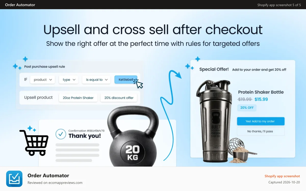 Order Automator Shopify app screenshot: create upsell offers to increase revenue
