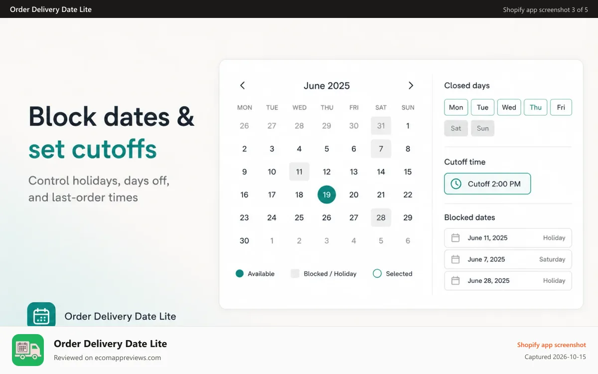 Order Delivery Date Lite Shopify app screenshot: cart page delivery date selector