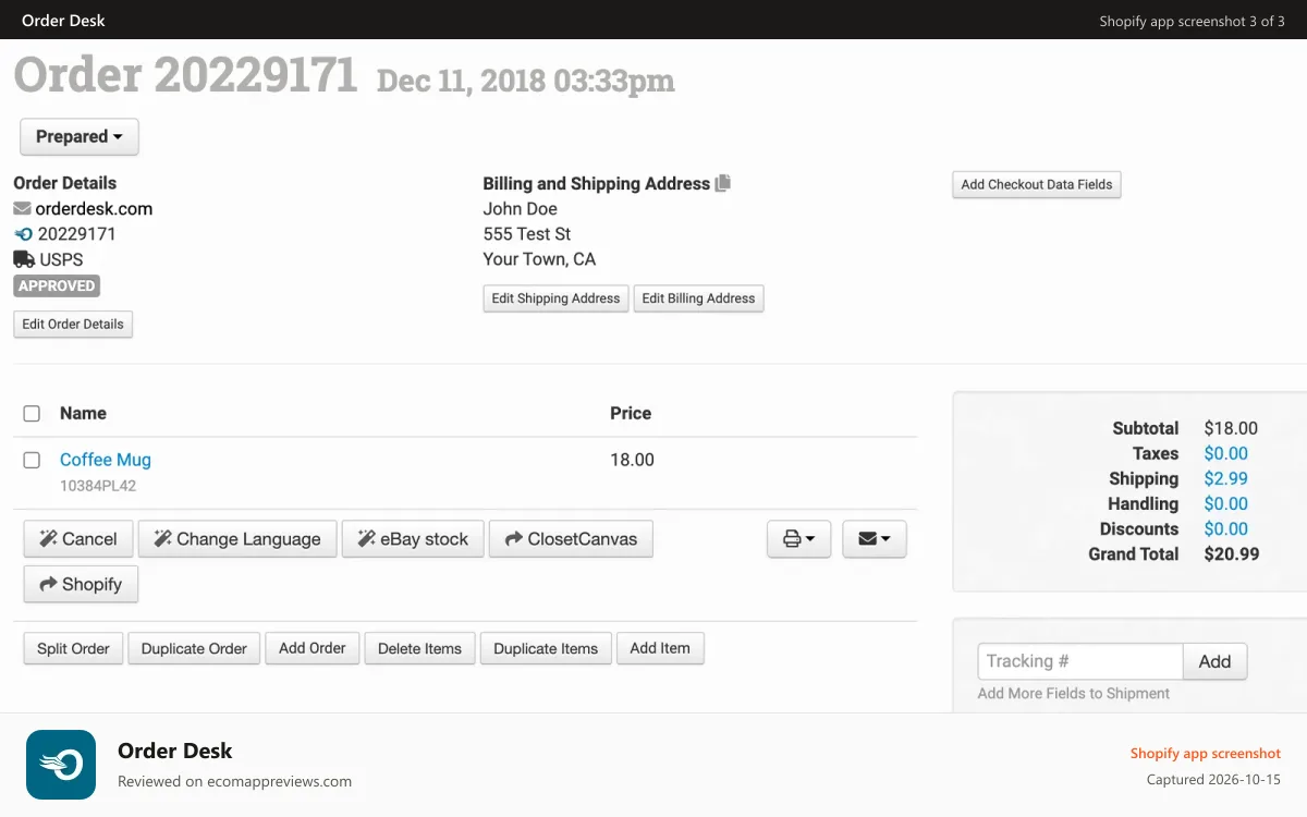 Order Desk Shopify app screenshot: Order Desk order view