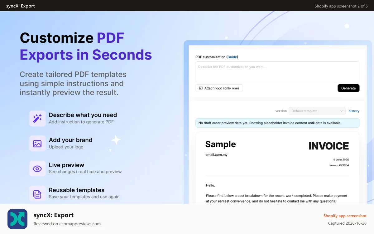 syncX: Export Shopify app screenshot: AI PDF export customization with live preview and logo upload