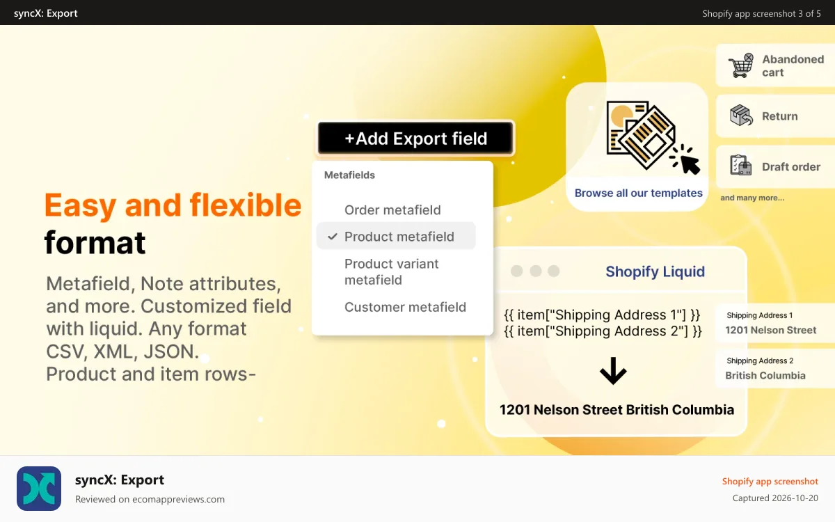 syncX: Export Shopify app screenshot: Export metafields and custom data in CSV, XML, or JSON