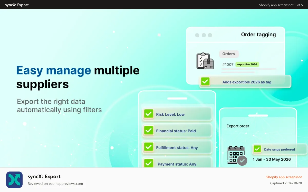 syncX: Export Shopify app screenshot: Export orders using filters and smart tagging