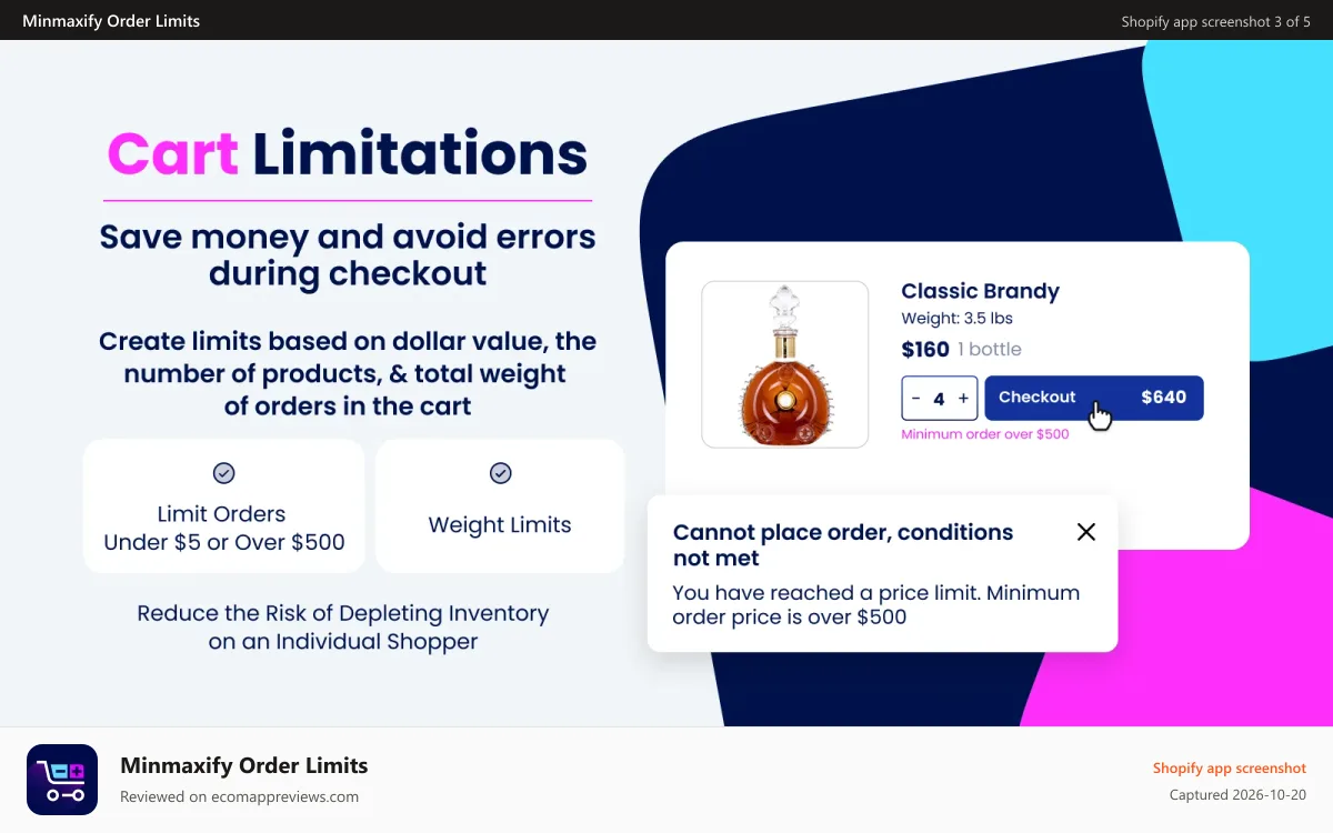 Minmaxify Order Limits Shopify app screenshot: Cart Limitations