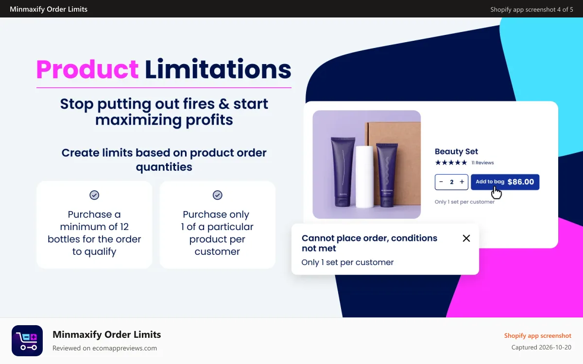 Minmaxify Order Limits Shopify app screenshot: Product Limitations