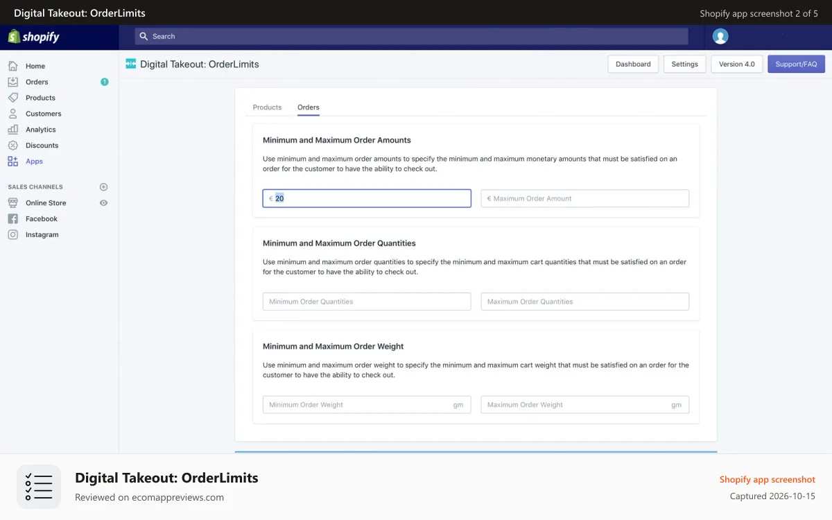 Digital Takeout: OrderLimits Shopify app screenshot: Set product order requirements