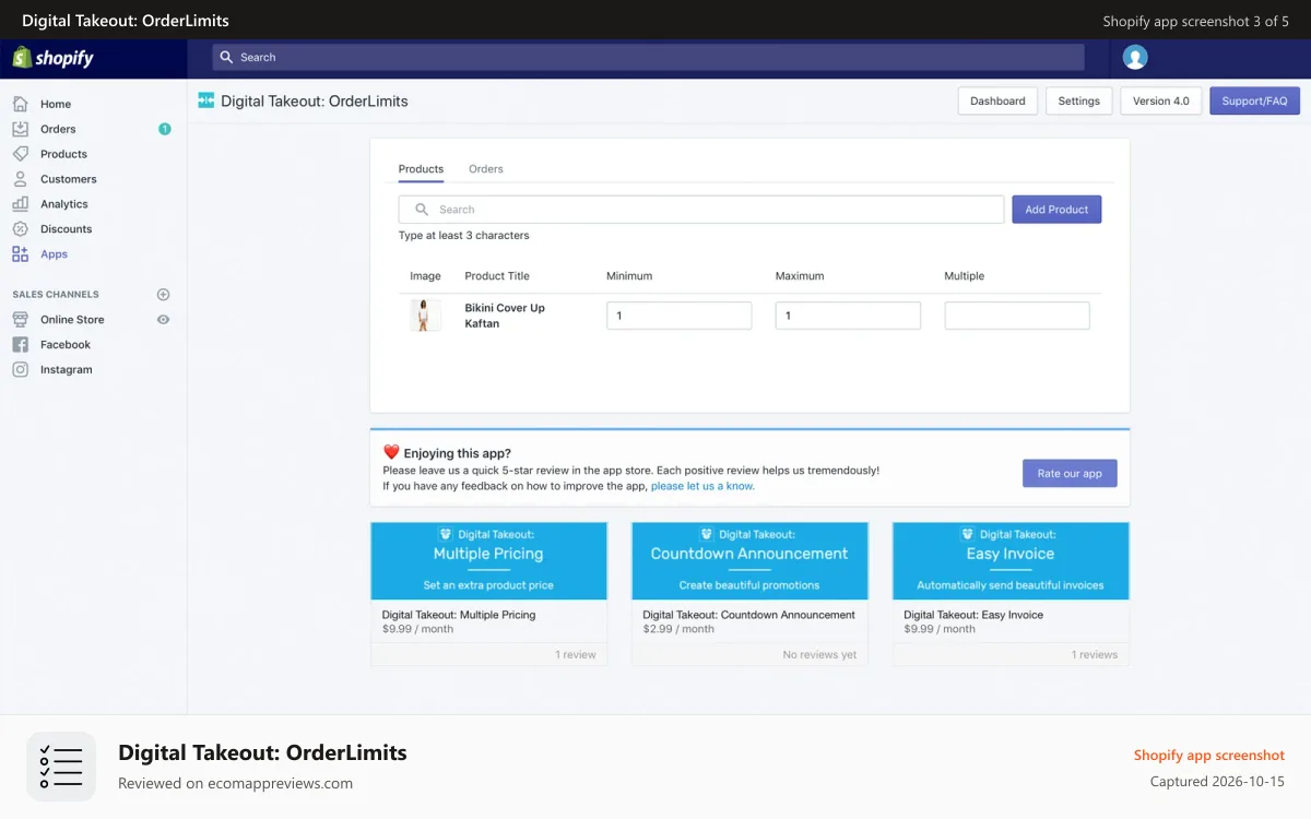 Digital Takeout: OrderLimits Shopify app screenshot: Set order requirements