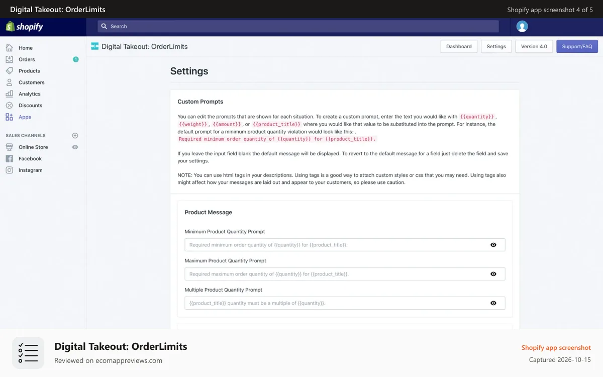 Digital Takeout: OrderLimits Shopify app screenshot: Edit popup message
