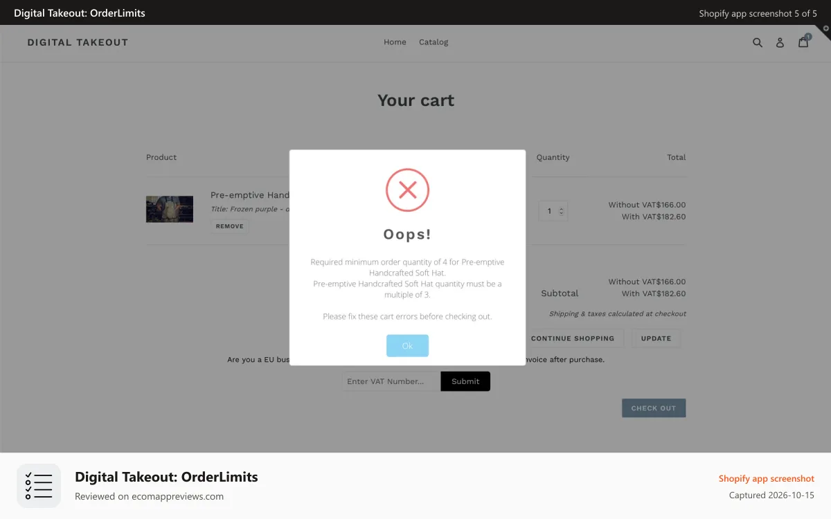 Digital Takeout: OrderLimits Shopify app screenshot: Popup prevent checkout