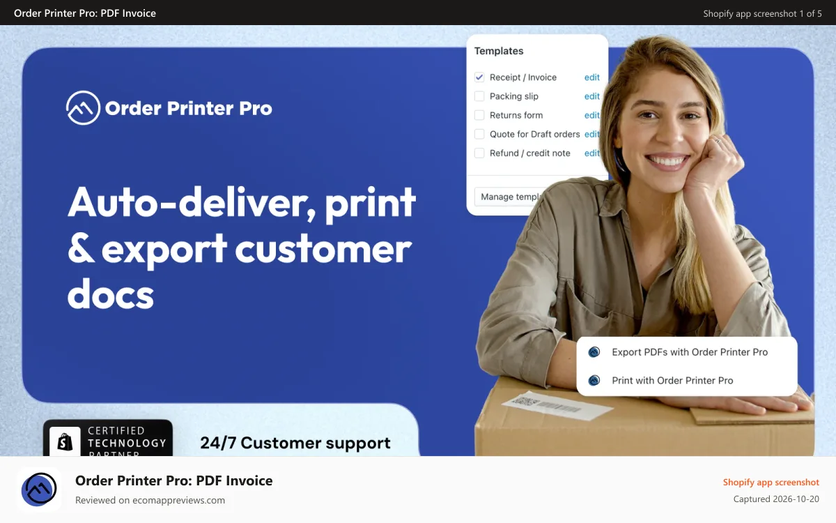 Order Printer Pro: PDF Invoice Shopify app screenshot: Auto-deliver, print & export customer docs