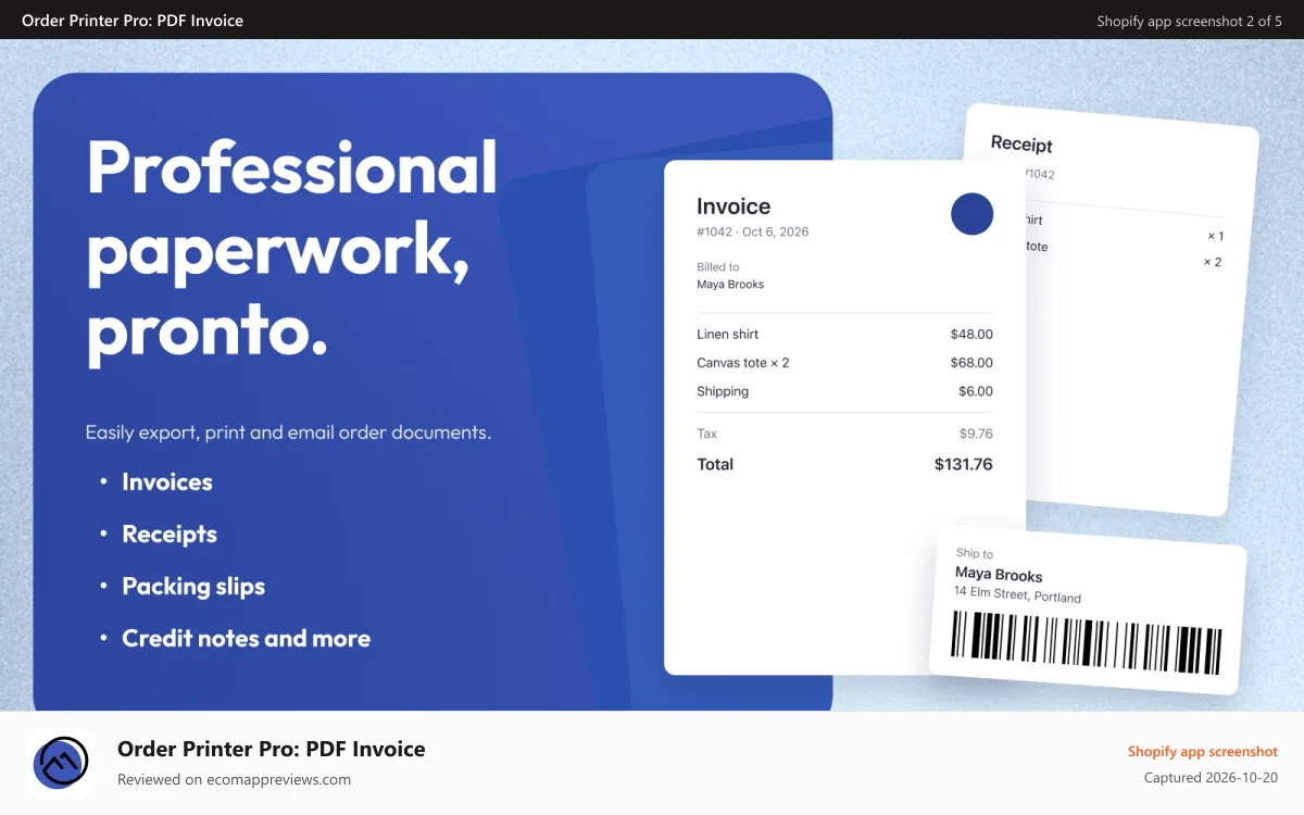 Order Printer Pro: PDF Invoice Shopify app screenshot: Professional paperwork: Export, print & email customer documents