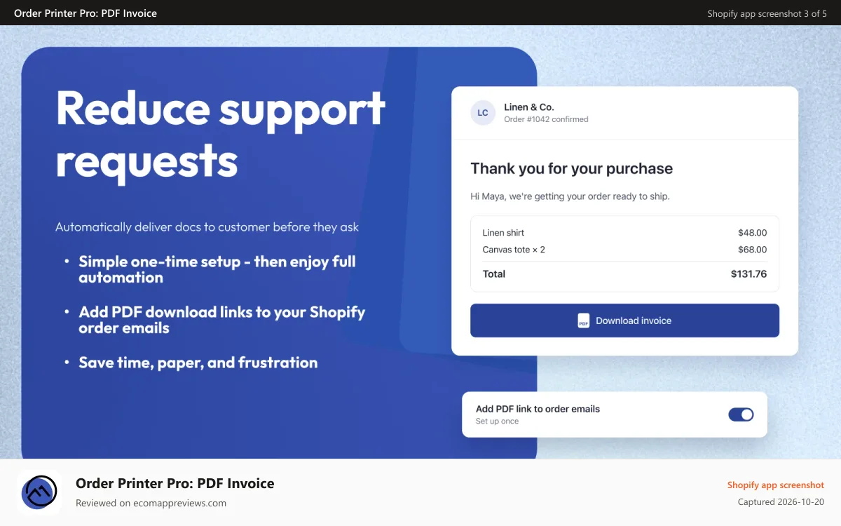 Order Printer Pro: PDF Invoice Shopify app screenshot: Automate: Auto-deliver docs to customers before they ask