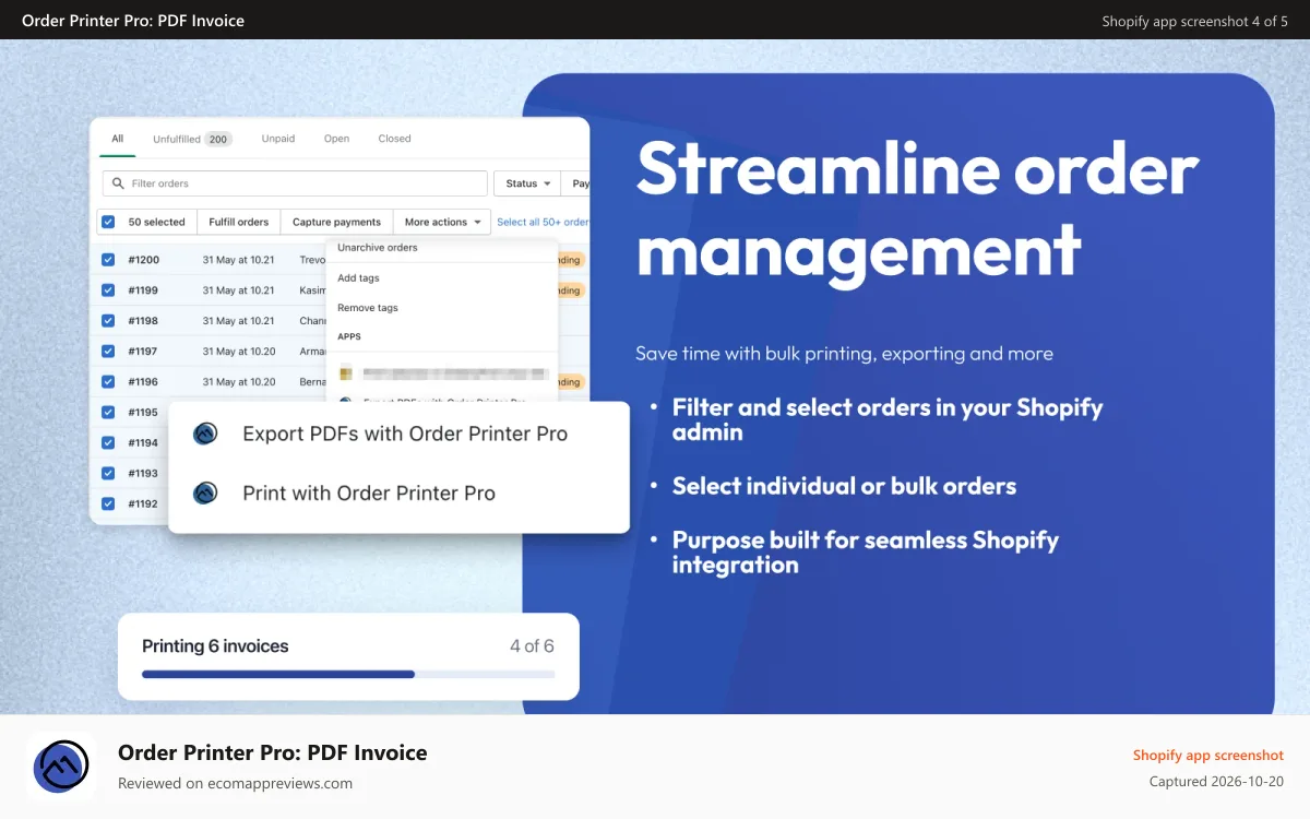 Order Printer Pro: PDF Invoice Shopify app screenshot: Streamline: Save time with bulk printing, exporting and more