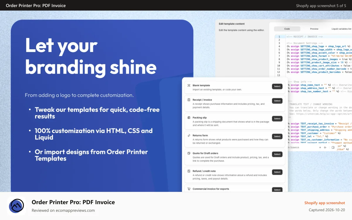 Order Printer Pro: PDF Invoice Shopify app screenshot: Branding: From adding a logo to complete customization.
